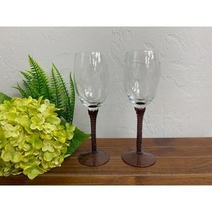 Pair of Vintage Etched Grapevine Wine Glasses with Purple Crafted Stems